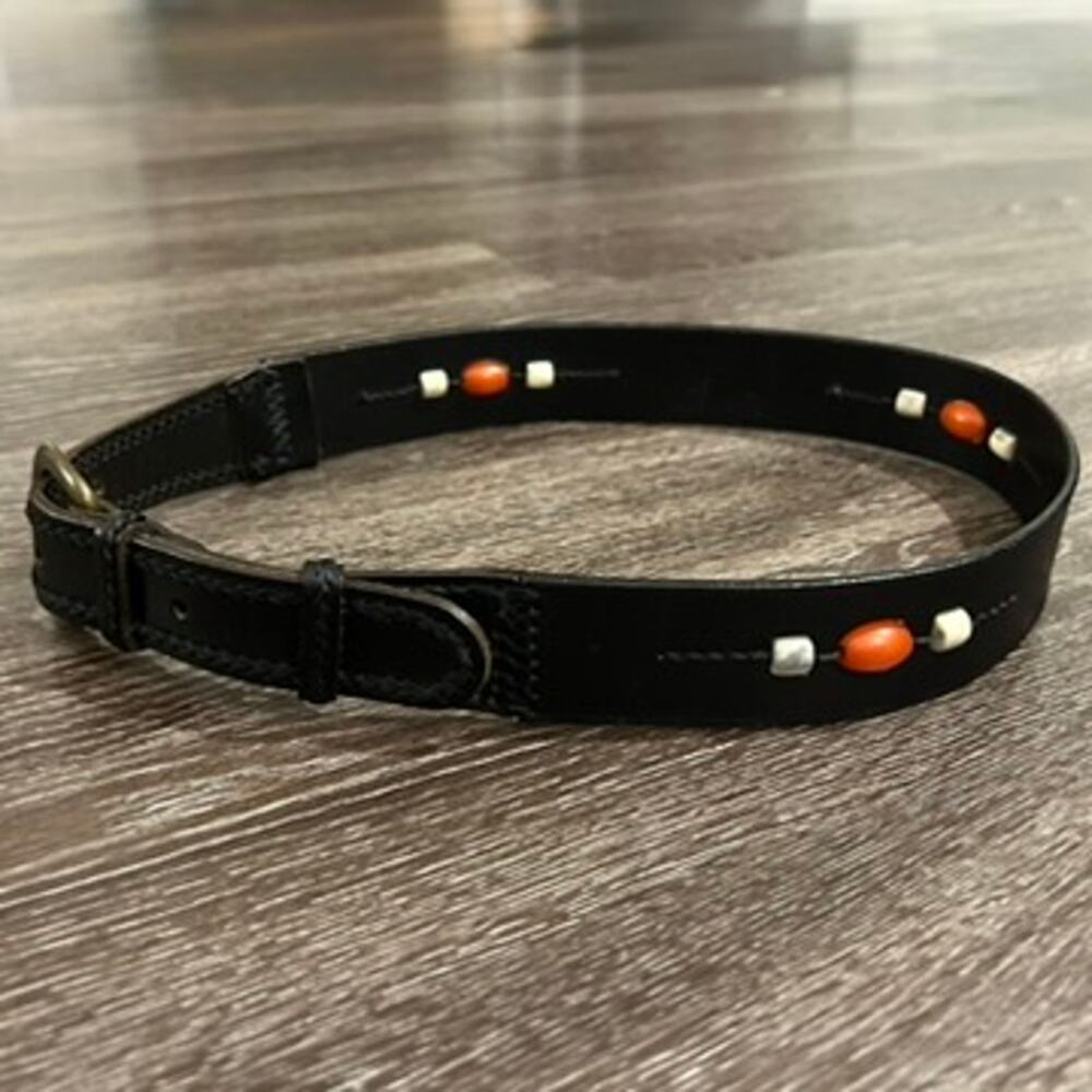 Vintage L.L.Bean Black Leather Beaded Belt Sz L Brass Buckle Western Boho Unisex - Picture 2 of 12